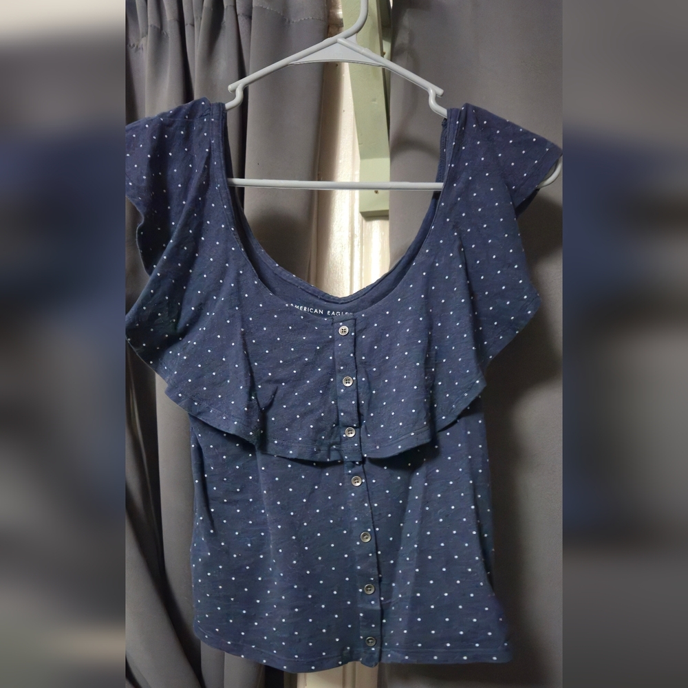 American Eagle Women's Navy Polka Dot Button Down Ruffle Top